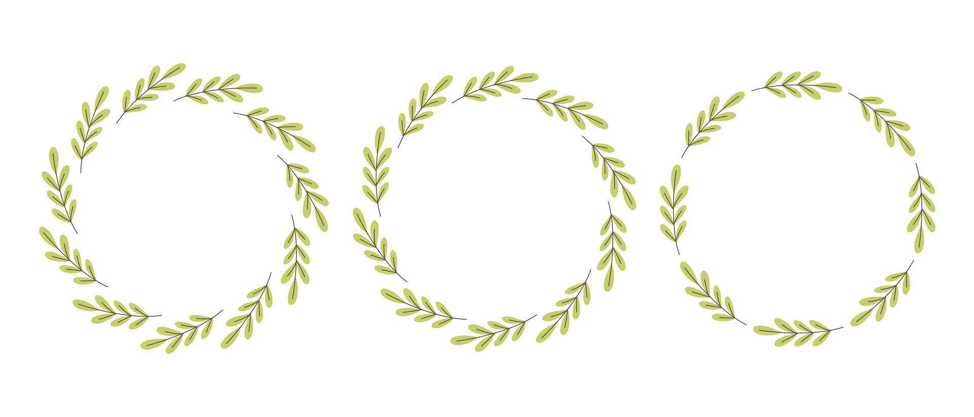 Gently simple flower circle frame. Hand drawn botanical round border, green branches wreath, laurel. Design for invitation, card, banner, logo vector