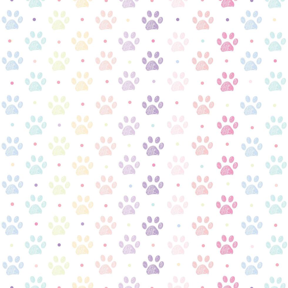 Pastel colored pattern with doodle paw prints. Seamless fabric design pattern vector