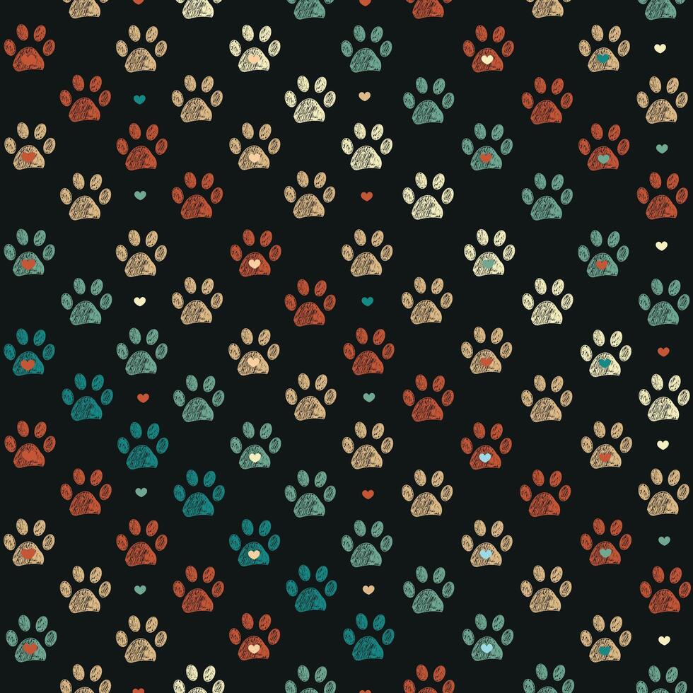 Green, orange nature colored doodle paw prints and hearts. Seamless fabric design pattern vector