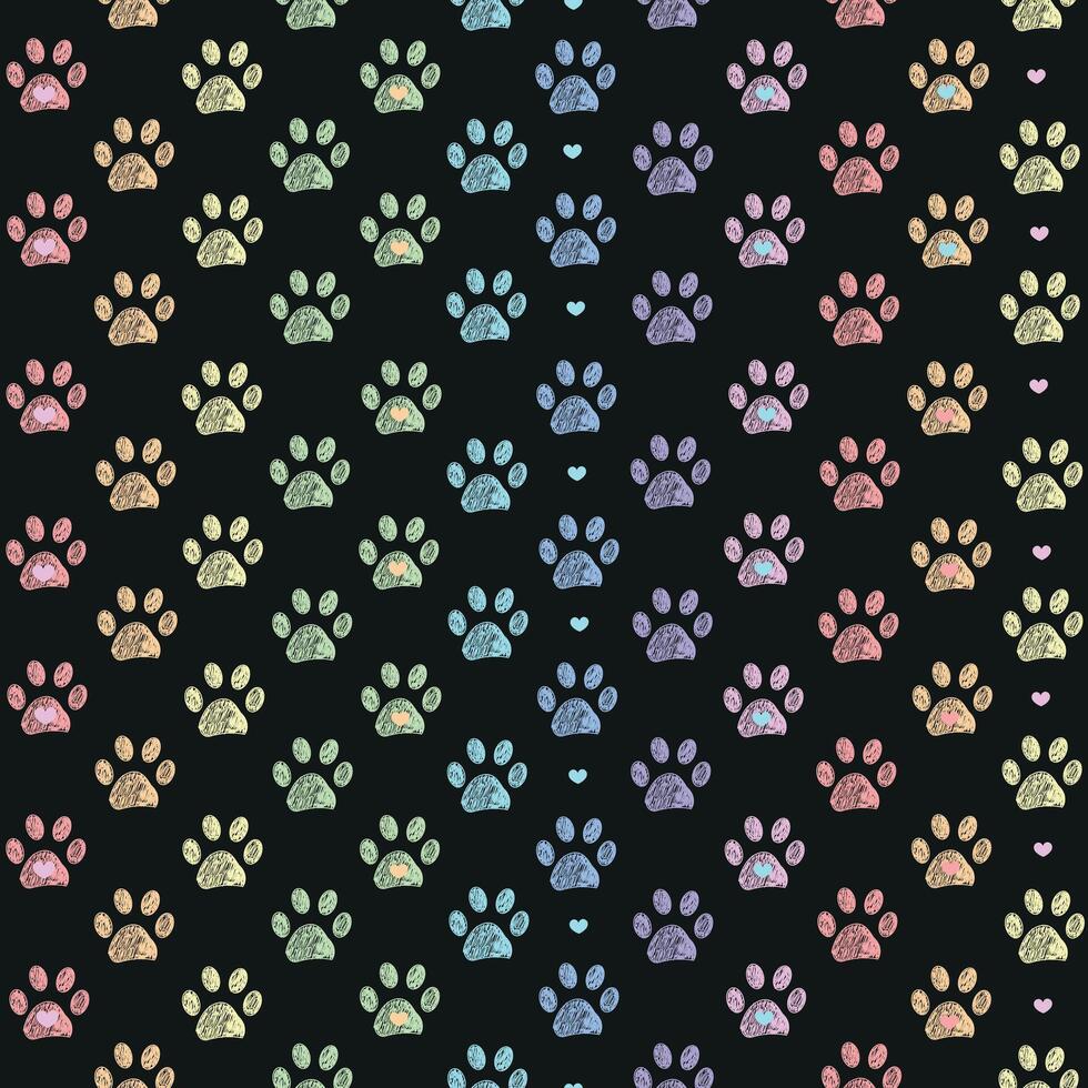 Colorful pink, green and blue colored doodle paw prints and hearts vector