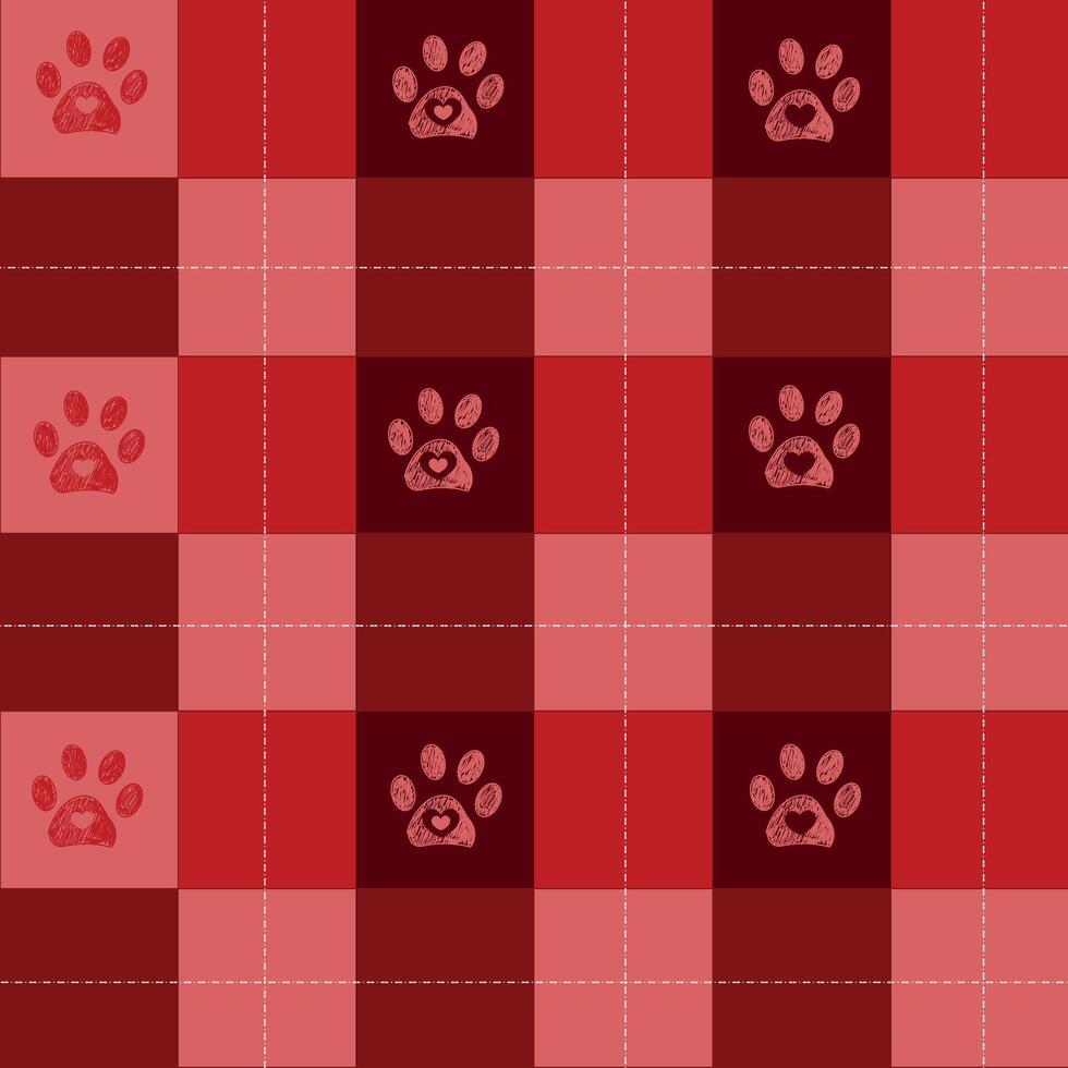 Christmas hearts pattern with paw prints plaid pattern vector