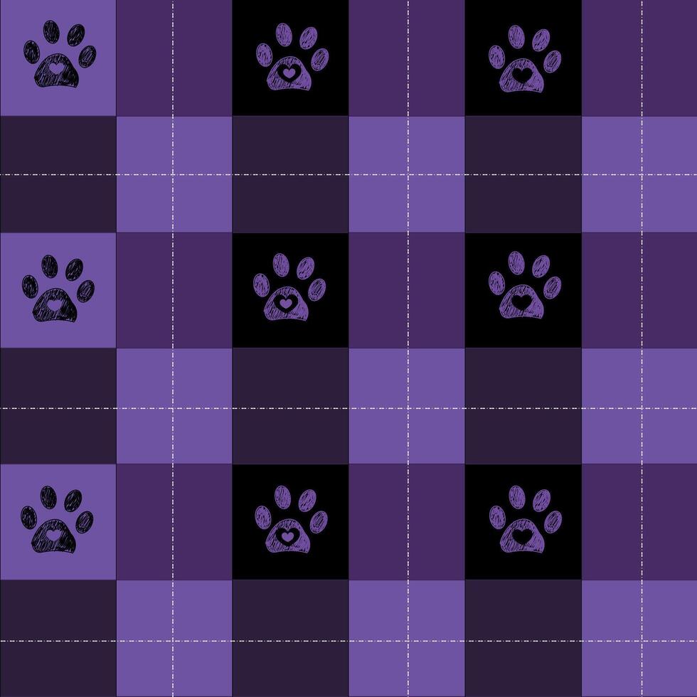 Purple and black hearts pattern with paw print vector