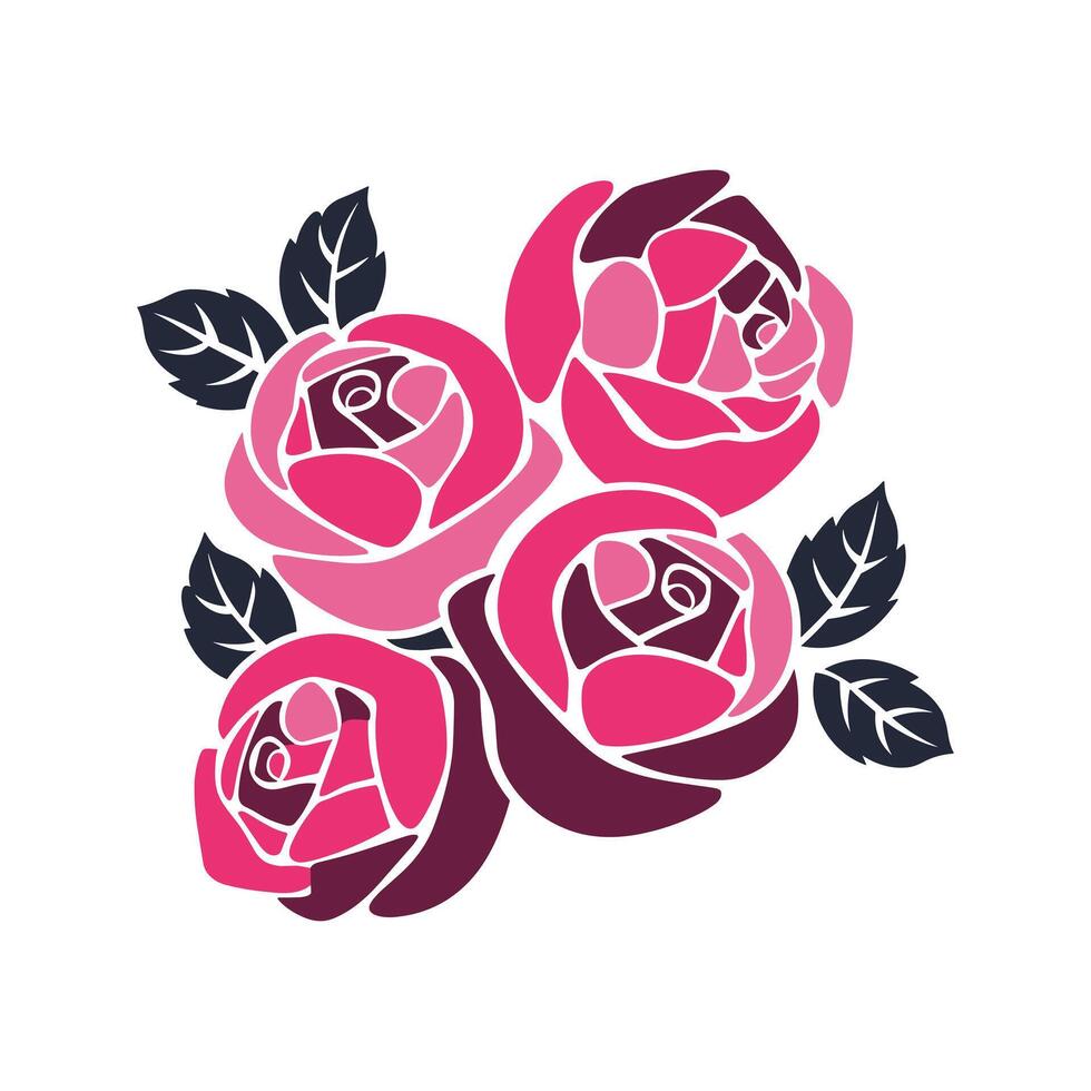 A Charming Bouquet of Four Stylized Pink and Purple Roses with Dark Teal Leaves, Arranged Elegantly vector