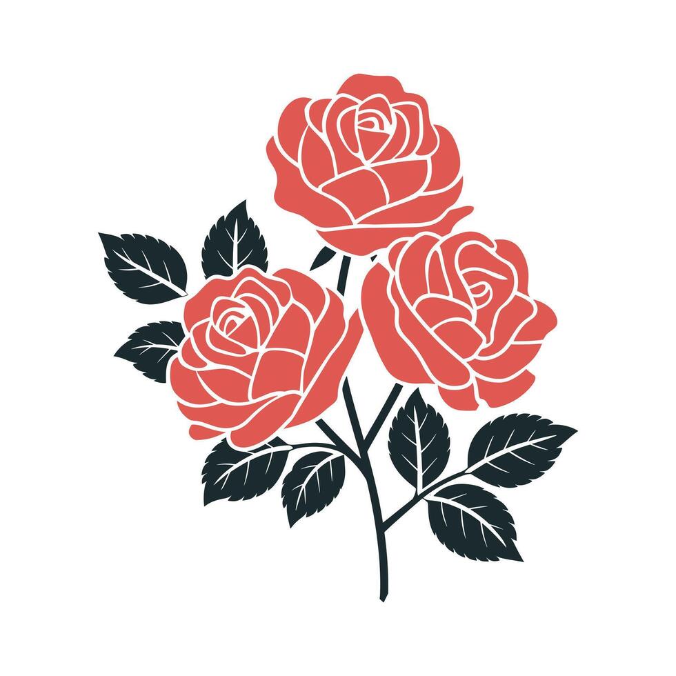 Elegant Trio of Stylized Coral Roses with Dark Teal Leaves and Stem, Radiating Beauty and Sophistication vector