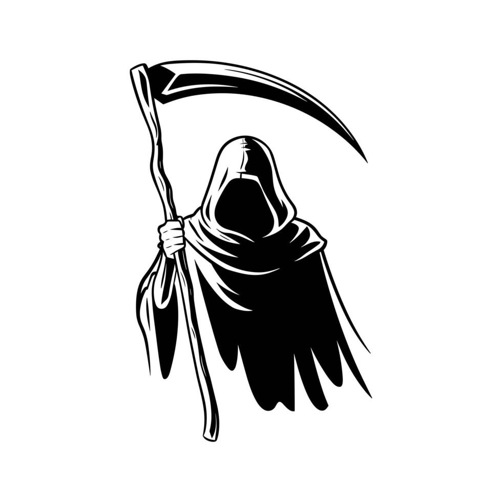 A Foreboding Black and White Illustration of the Grim Reaper, Cloaked and Hooded, Holding a Sinister Scythe vector