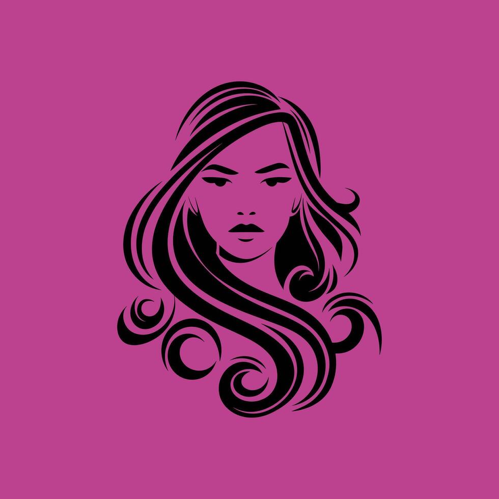 Minimalist Black Silhouette of a Woman's Head with Long, Flowing, Wavy Hair Against a Bold Pink Background vector