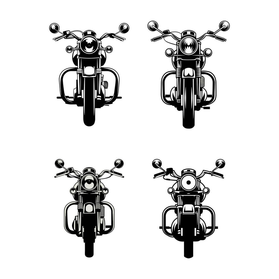 Four Striking Front View Illustrations of Classic Retro Cruiser Motorcycles, Showcasing Intricate Details in Black and White vector