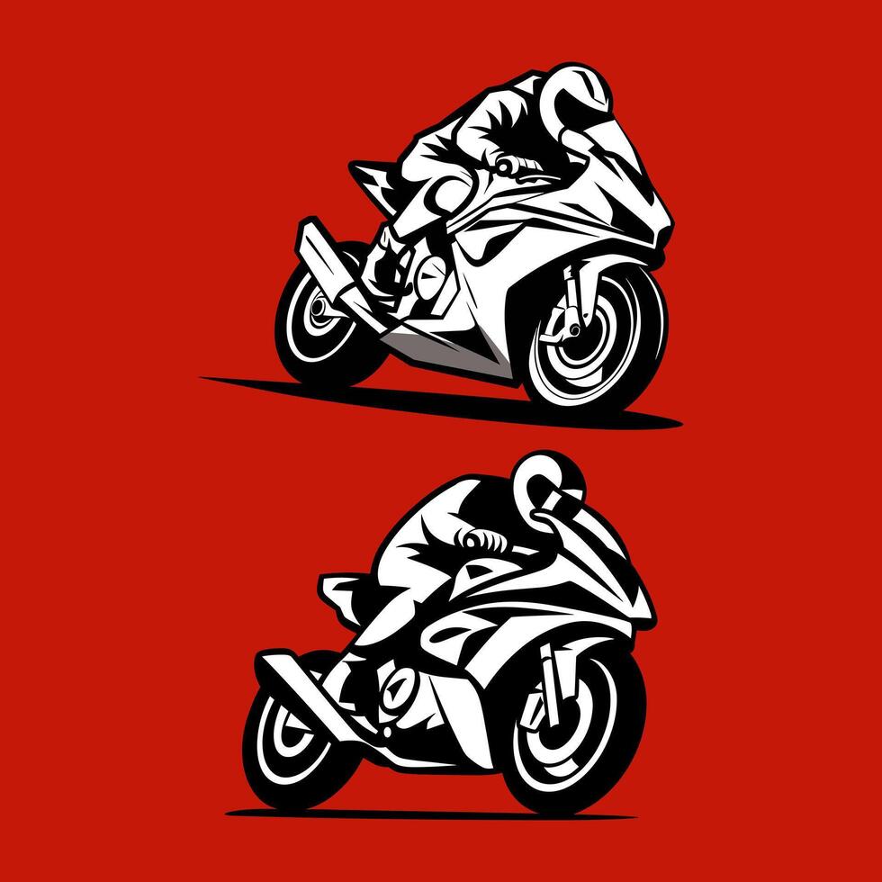Two High-Octane Black and White Sport Bike Illustrations with Riders in Dynamic Racing Poses on a Vibrant Red Background vector