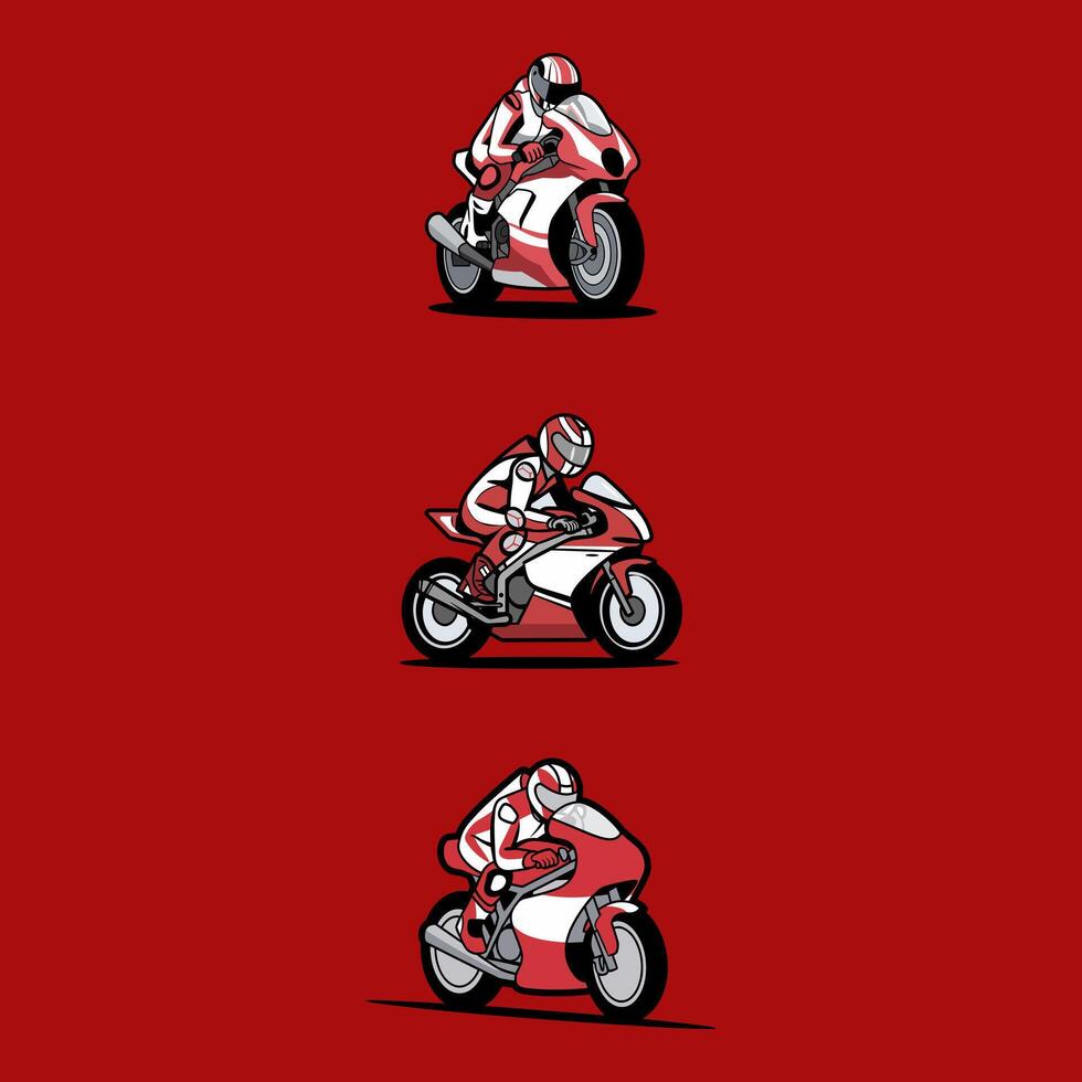 Illustration Set of Superbike Racers in Various High-Speed Poses on a Bold Red Background vector