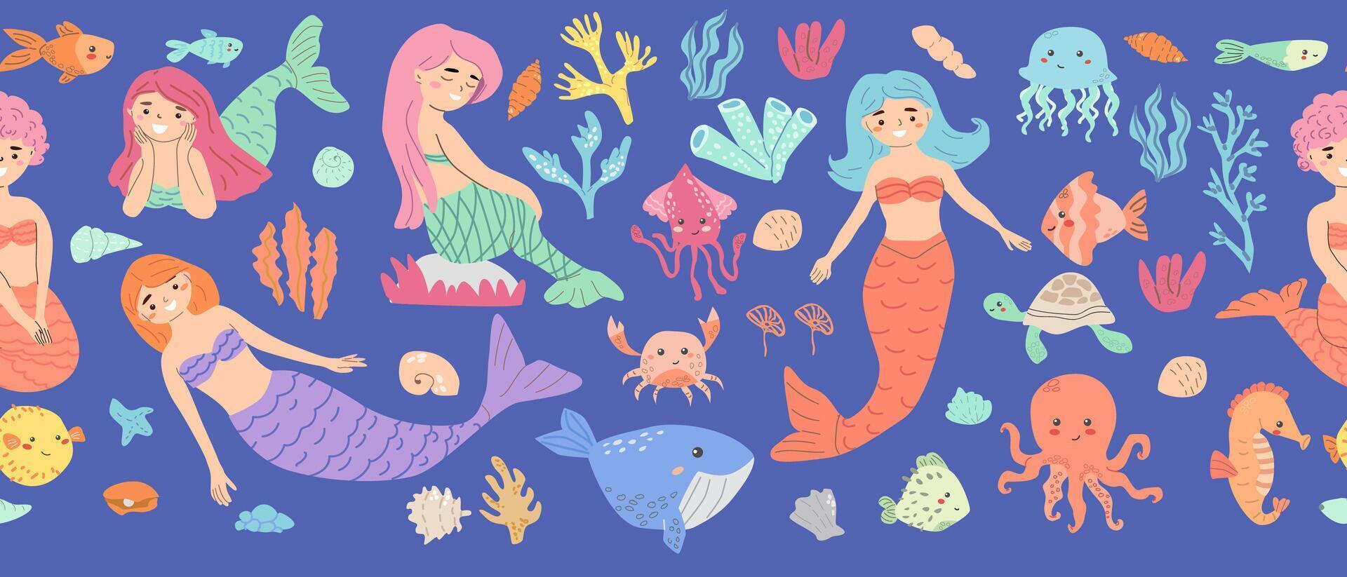 Colorful mermaid and ocean creatures on blue background vector