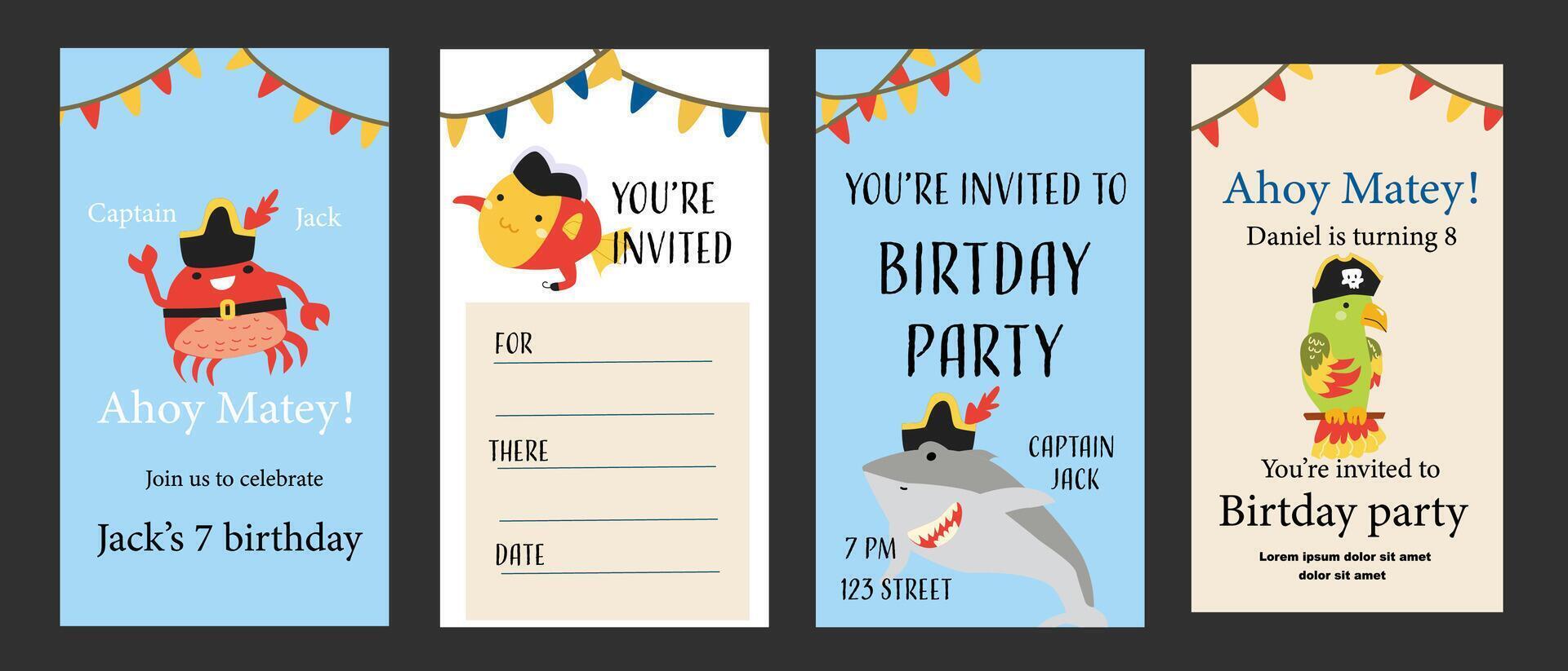 Pirate-themed birthday invitations for kids with fun characters vector