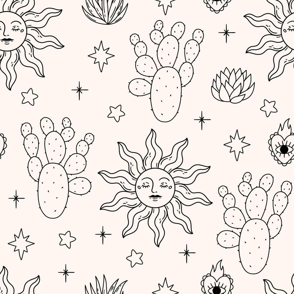 Seamless pattern with sun and cactus on light background. Wild West style. Hand drawn illustration for wrapping paper, textile, fabric. vector