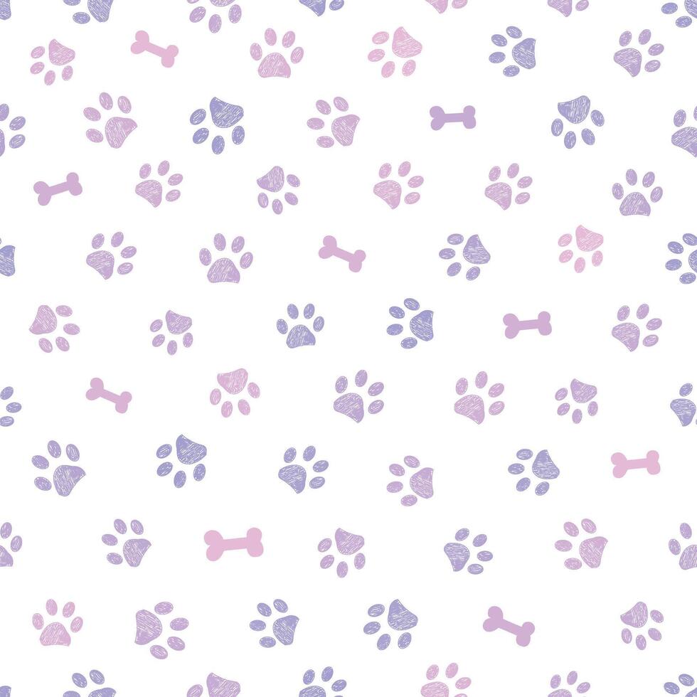 Lilac and pink colored doodles paw prints and bones seamless fabric design pattern vector