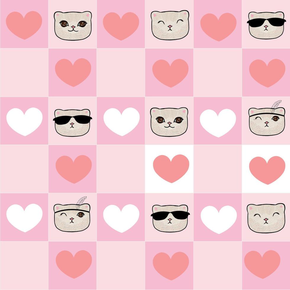 Plaid pink white hearts and cat. Valentine'd Day design seamless pattern vector