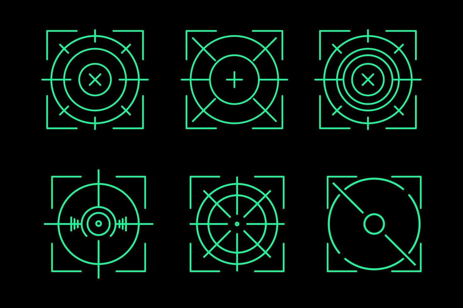 a set of green crossair target icons on a black background vector