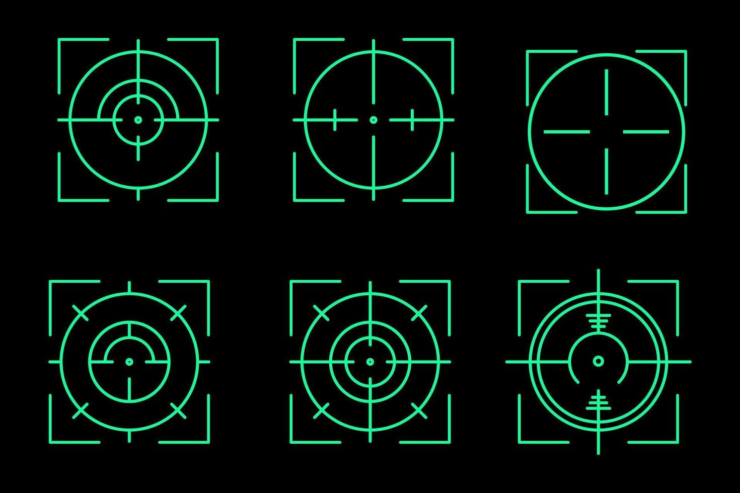 a set of green crosshairs target on a black background vector