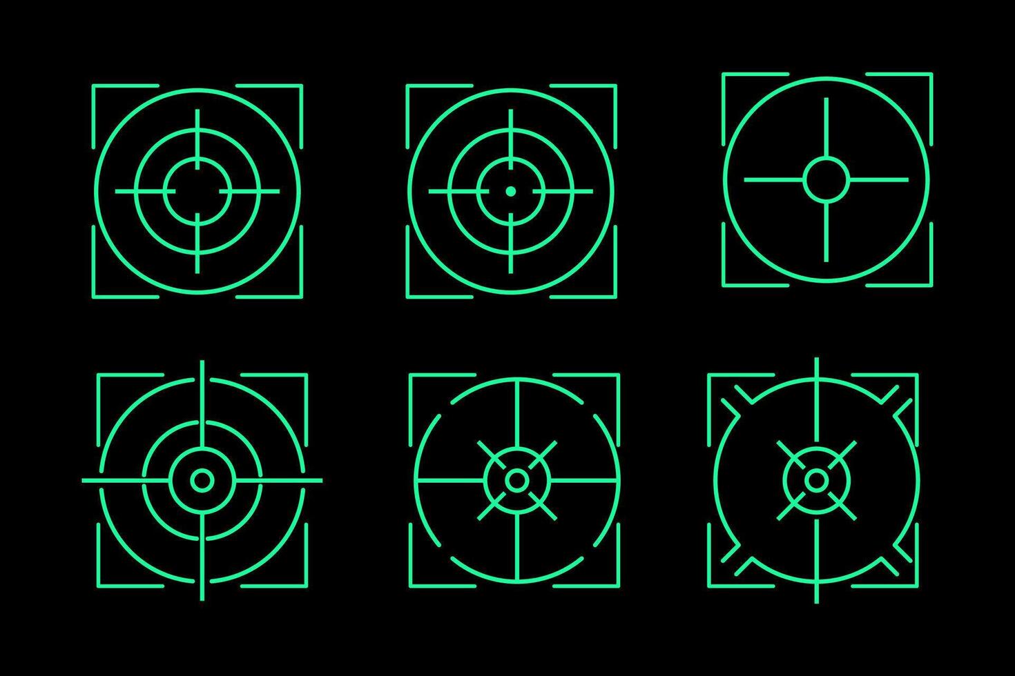 a set of green crossair targets on a black background vector