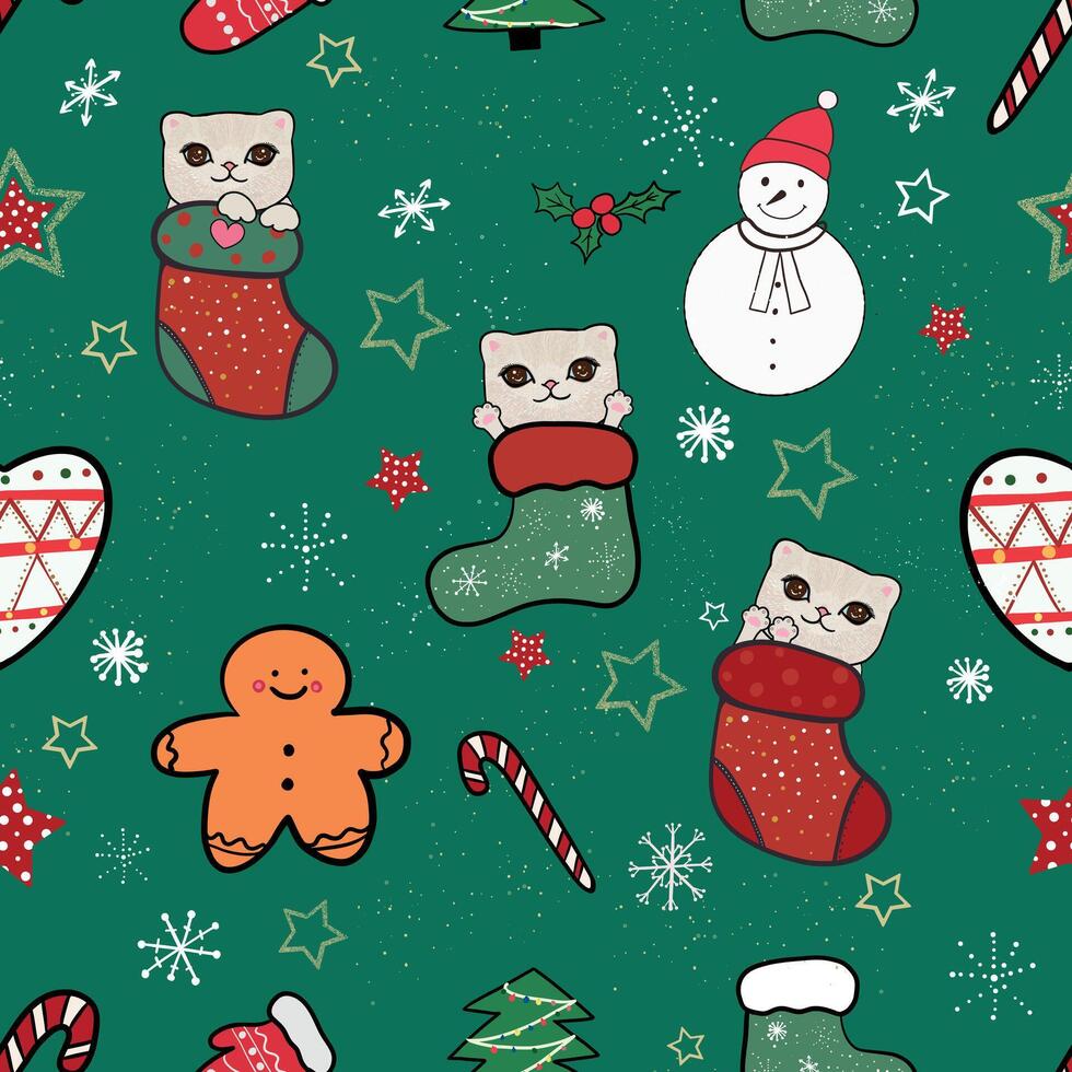 Cat with christmas theme pattern green vector