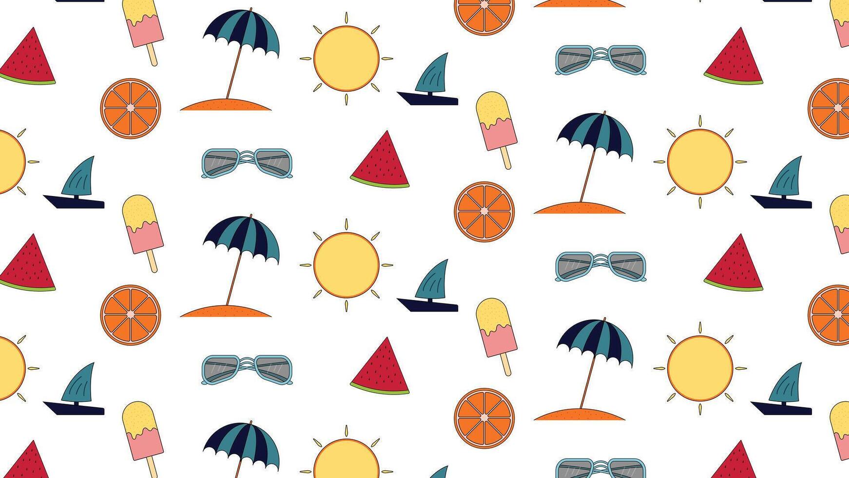 Colorful summer background with playful icons like sun umbrellas fruits and boats perfect for wrapping paper textiles wallpaper and seasonal digital backgrounds vector