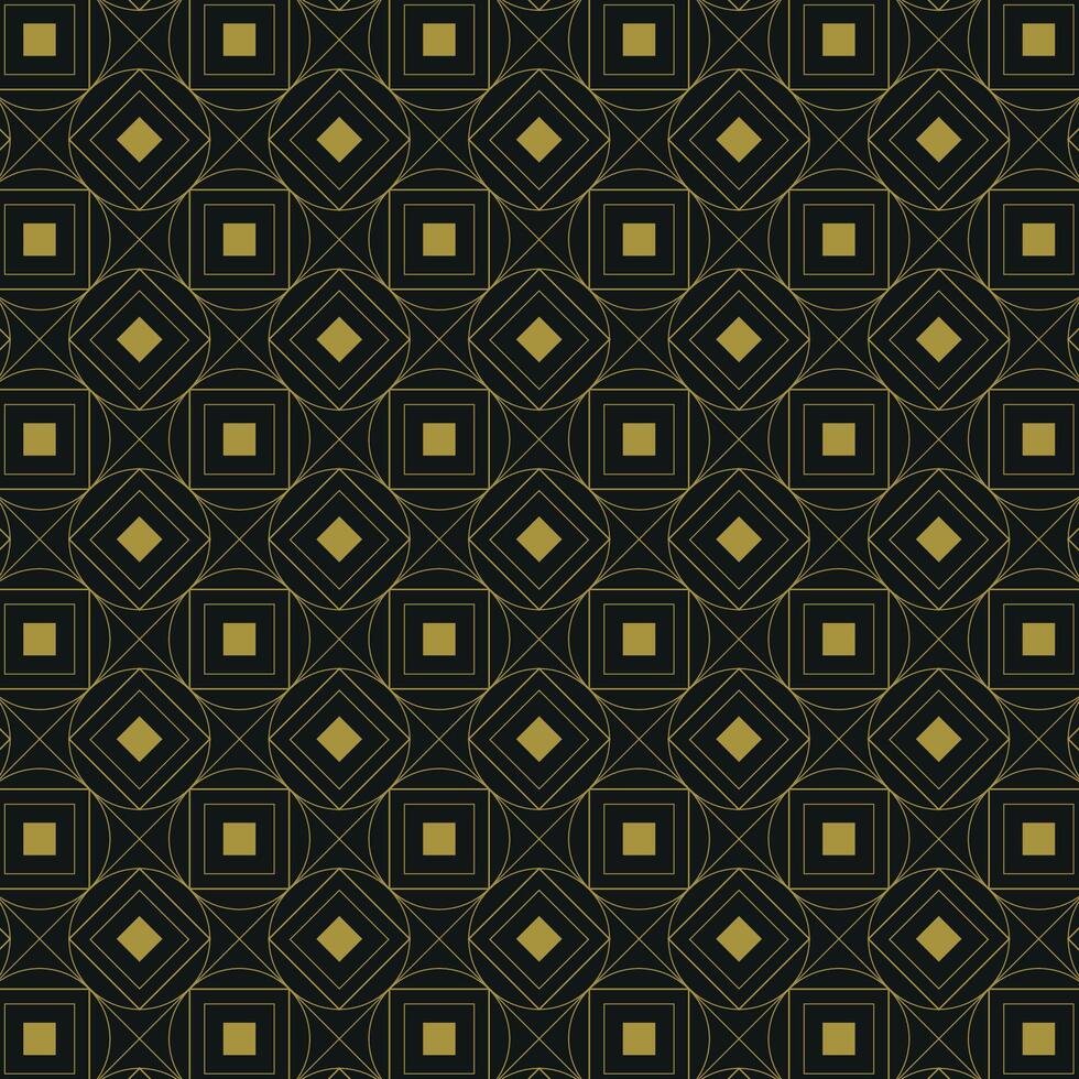 Luxury Seamless Geometric Pattern with Gold Lines on Black Background. Elegant Abstract Design Featuring Circles, Squares, and Diamonds vector