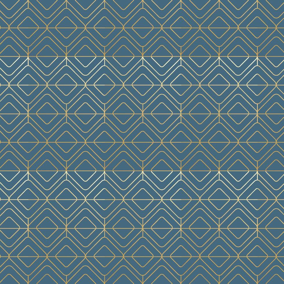Seamless Diamond Shaped Geometric Pattern with Gold Lines on Blue Background. Elegant and Modern Design. Square shape pattern. Geometric Gold Line Pattern. Modern Luxury Abstract Design vector