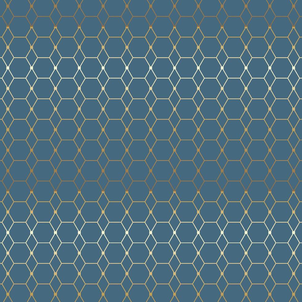Seamless Gold Honeycomb Hexagon Pattern on Blue Background. Elegant Geometric Texture. Seamless Geometric Gold Line Pattern on Black Background. Modern Luxury Abstract Design. Art deco vector