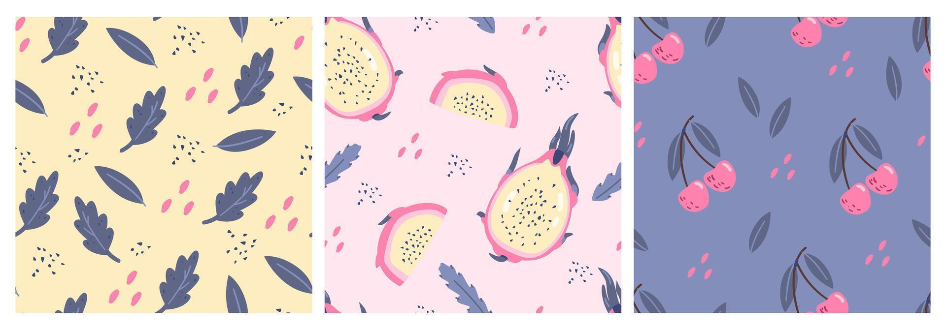 Set of seamless patterns with fruits, berries and leaves. Dragonfruit, cherry and leaves botanical patterns. vector