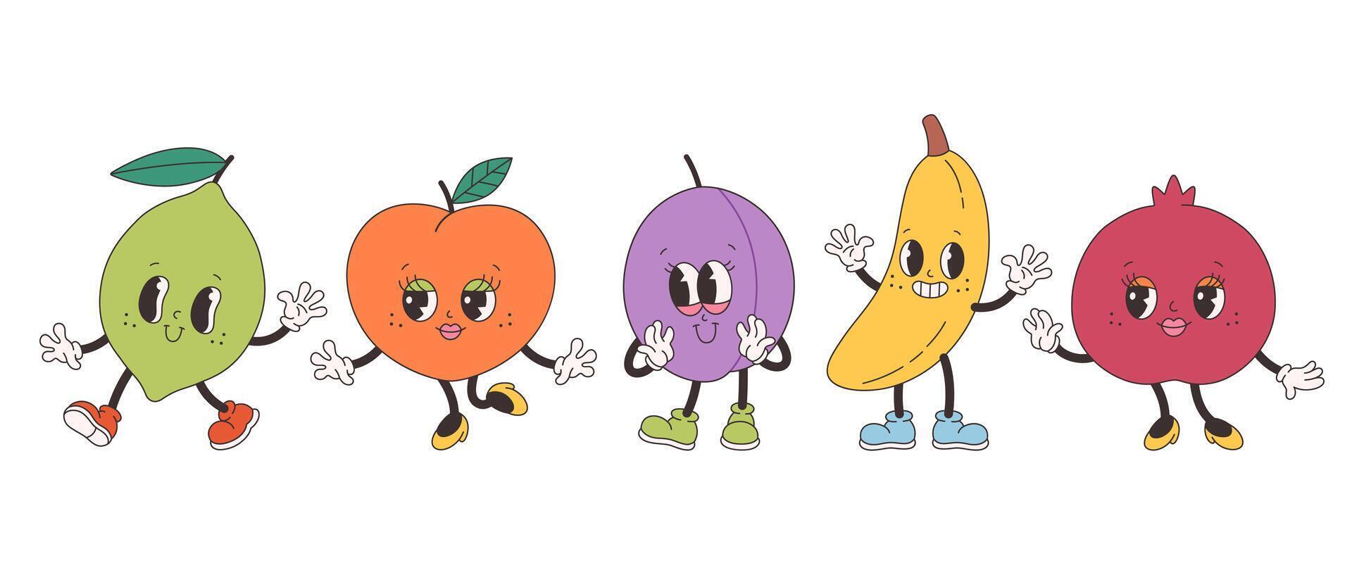 Groovy fruit characters collection. Trendy funky retro cartoon fruits. Groovy summer collection vector