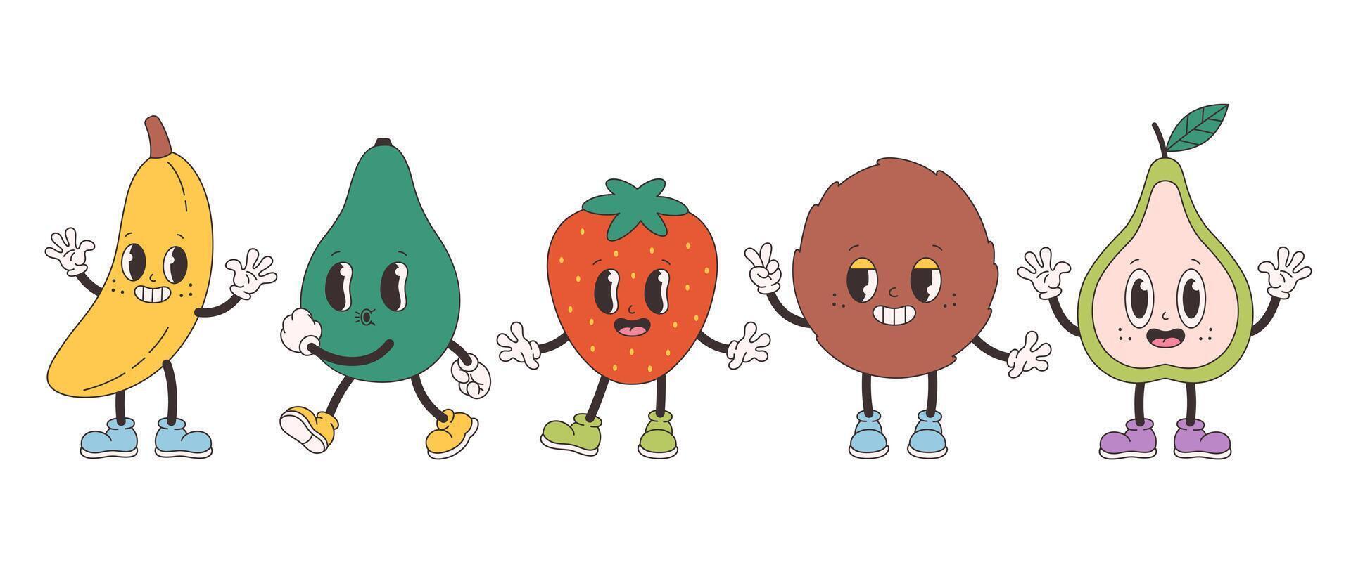 Cute groovy fruit characters. Trendy funky retro cartoon fruits. Groovy summer set vector
