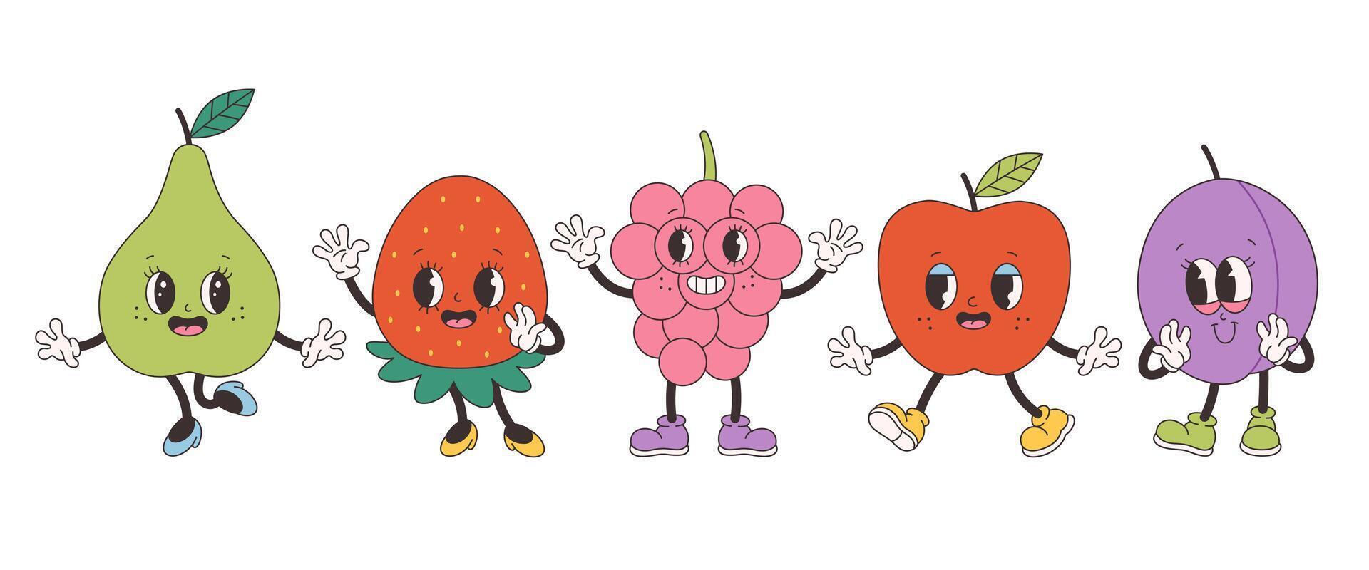 Cute groovy fruit characters. Trendy funky retro cartoon fruits. vector
