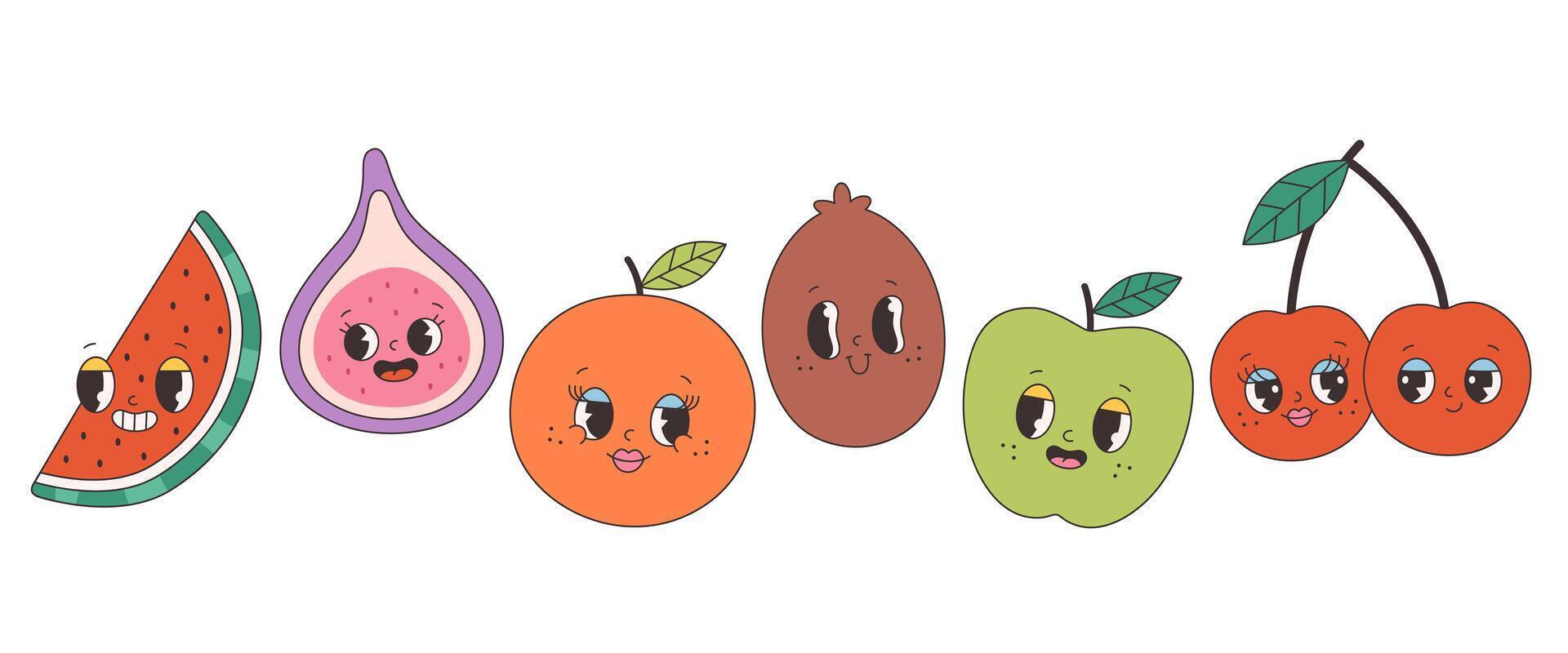 Cute groovy fruit characters set. Trendy funky retro cartoon fruits. Groovy summer collection vector