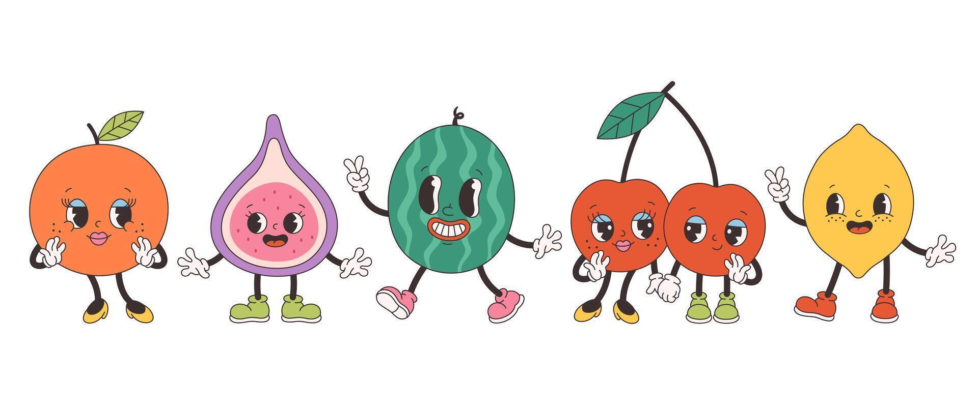 Groovy fruit characters. Trendy funky retro cartoon fruits. Groovy summer collection vector