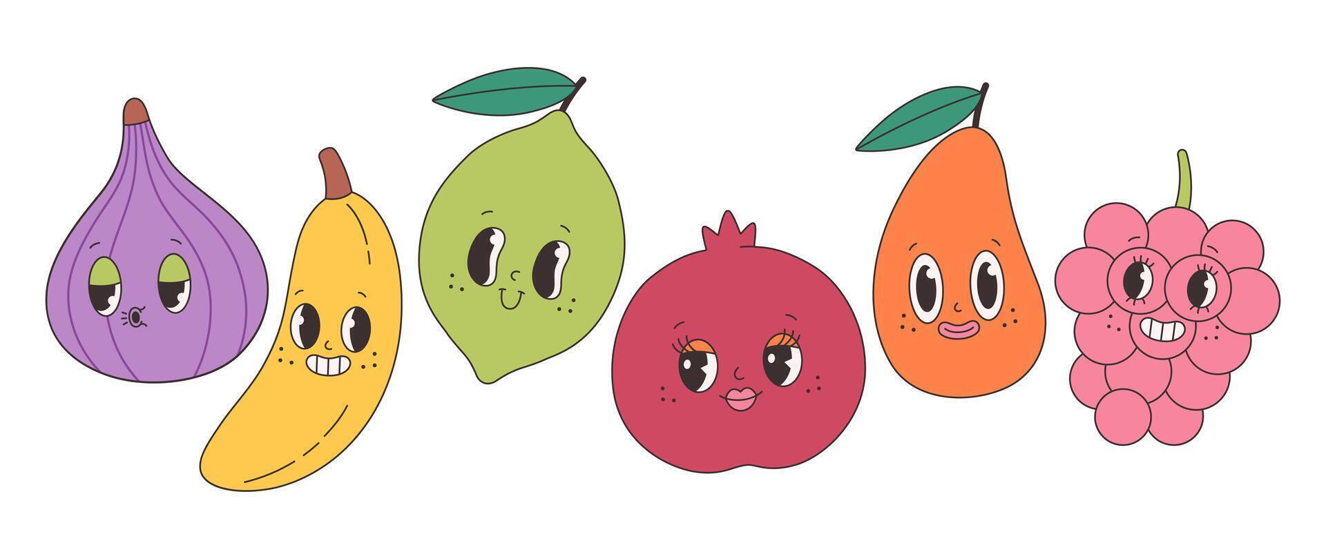 Cute groovy fruit characters. Trendy funky retro cartoon fruits. Groovy summer collection vector