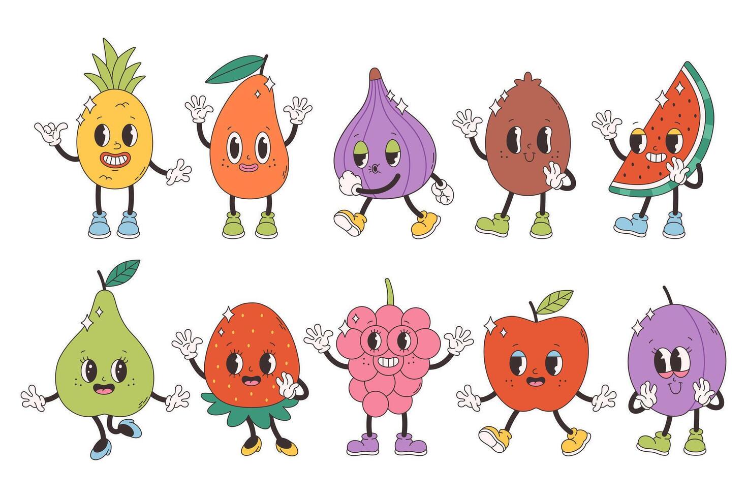 Cute groovy fruit characters. Trendy funky retro cartoon fruits. Groovy summer characters collection vector