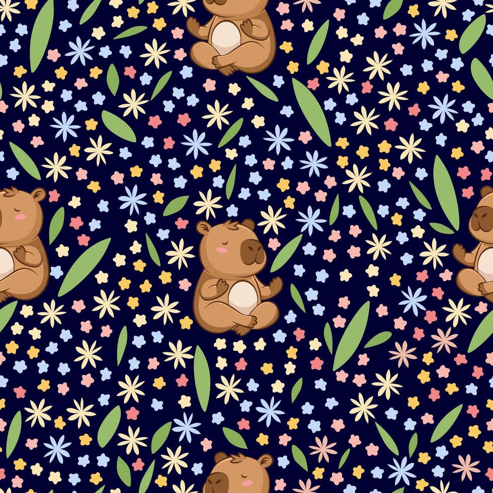 Capybara relaxing surrounded by flowers, seamless pattern vector
