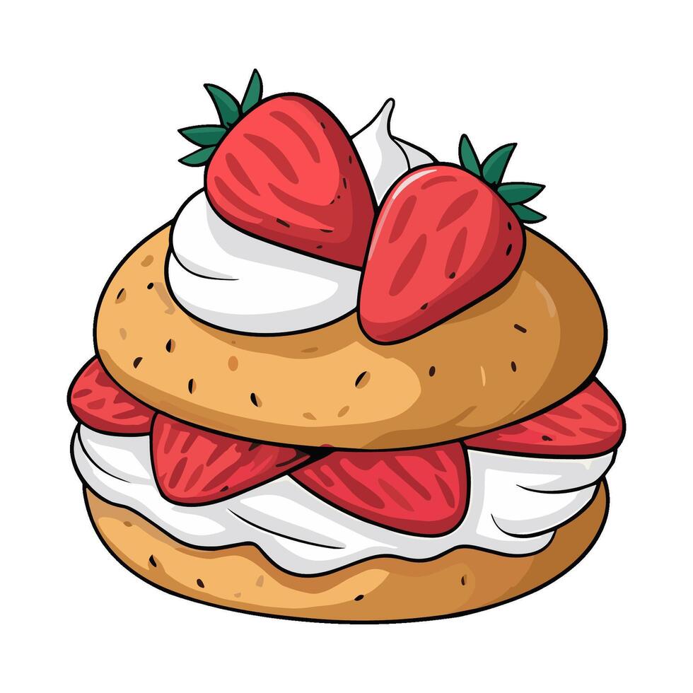 Delicious strawberry shortcake with fresh berries and whipped cream in flat style vector