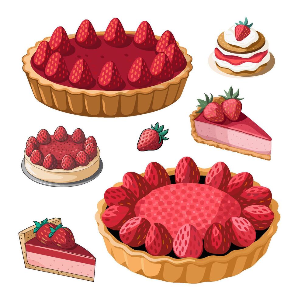 Assorted strawberry desserts and cakes with tarts on white background, set illustration vector