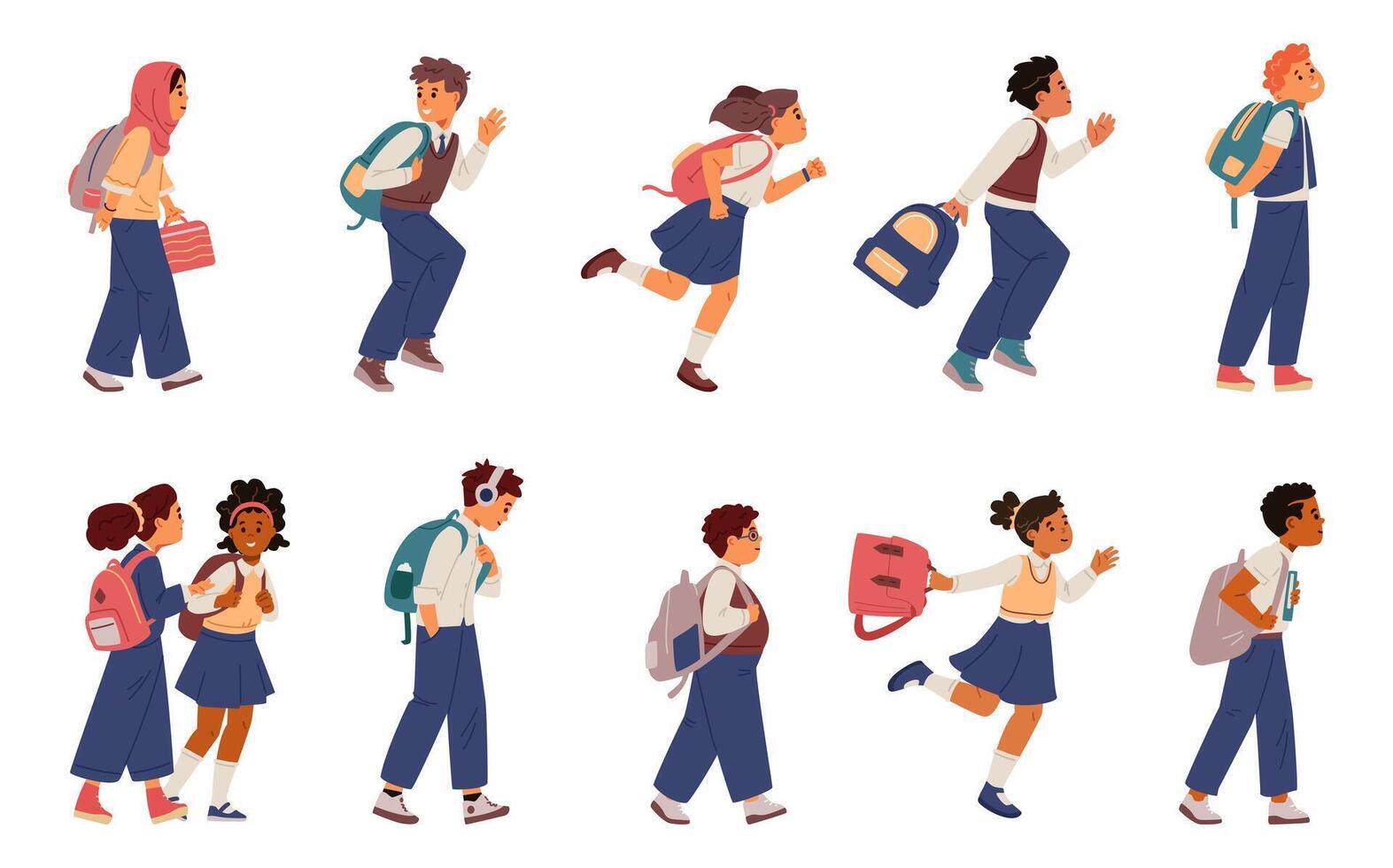 Diverse children in uniform with backpacks going to school flat illustrations set isolated on white. vector
