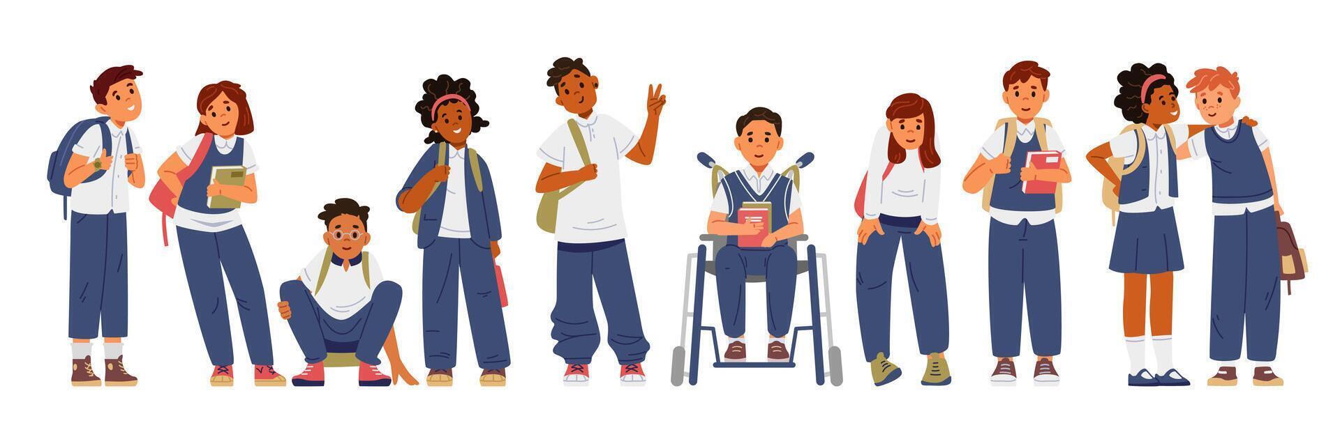 Group of diverse multiracial school children in uniform with schoolbags flat illustration isolated on white. vector