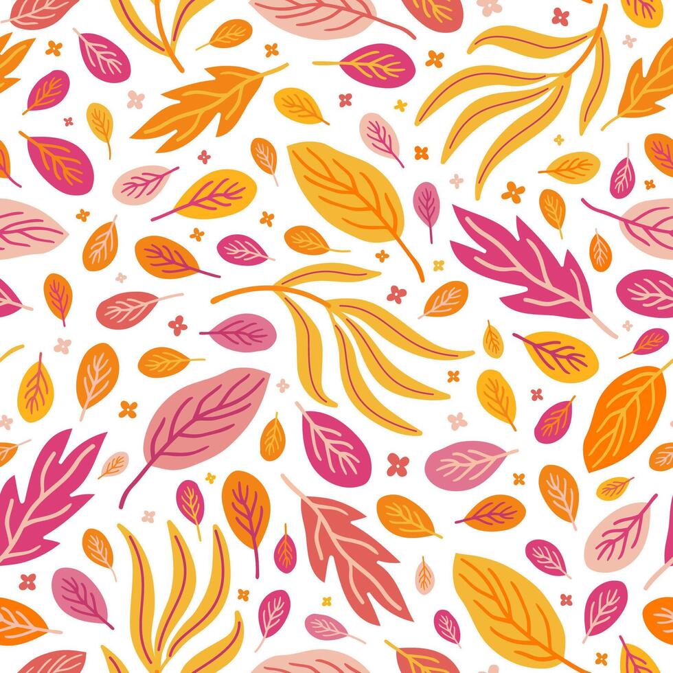 Autumnal Seamless Pattern from Pink, Yellow, Orange Leaves and Branches. vector