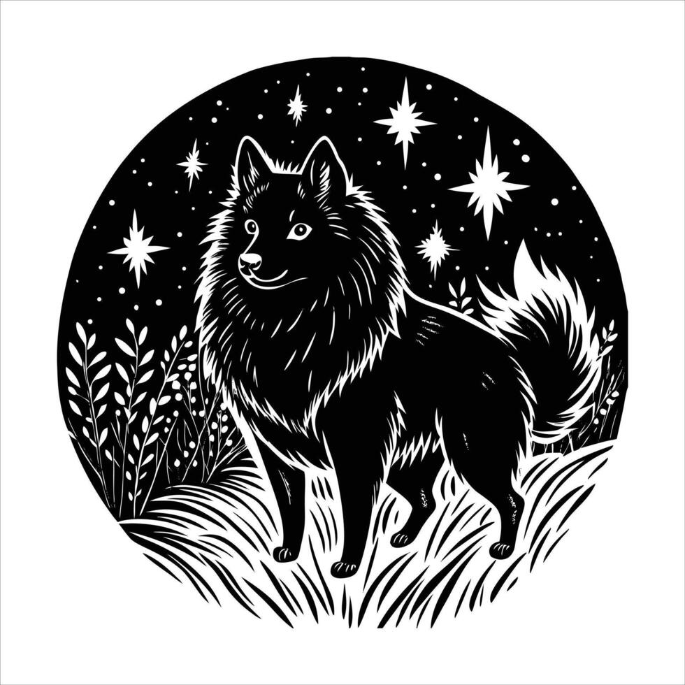 keeshond illuminated by moonlight vector