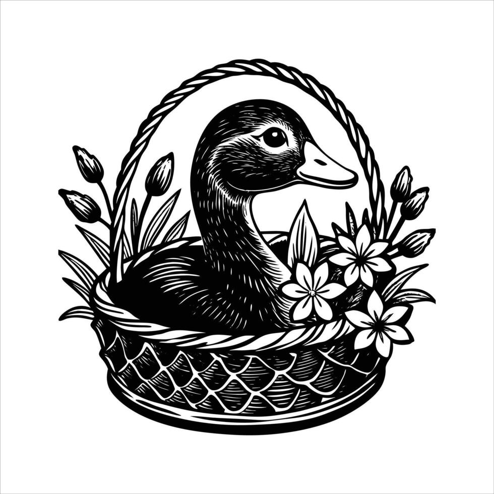 soft focus portrait baby duck in a basket vector