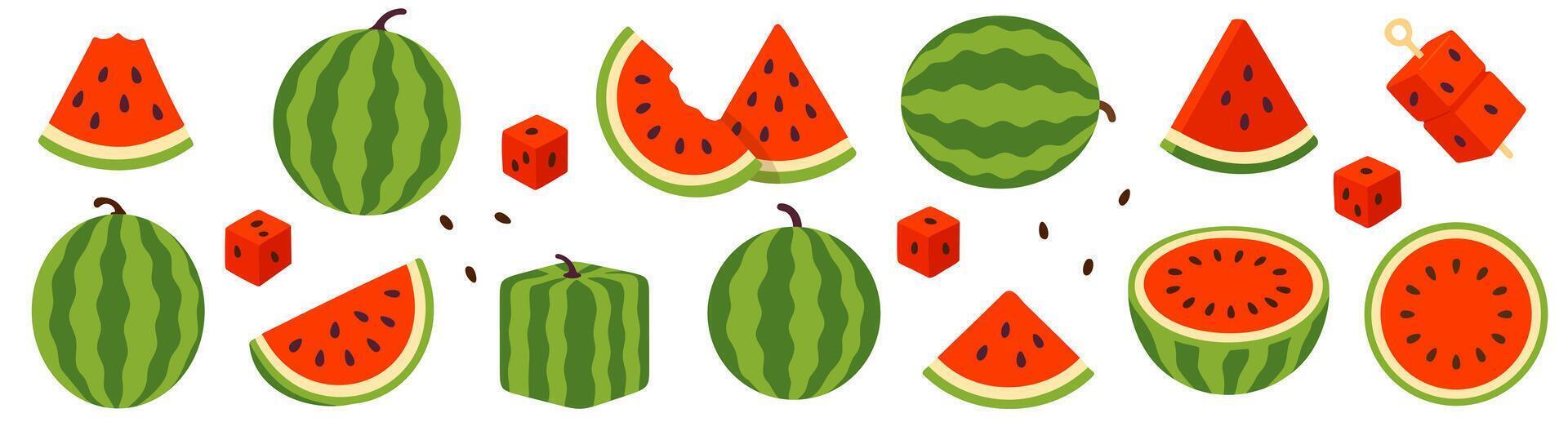 Large collection of whole and sliced watermelons in various shapes, including round and square fruits, with seeds on white background, perfect for food, summer, or fruit design themes vector
