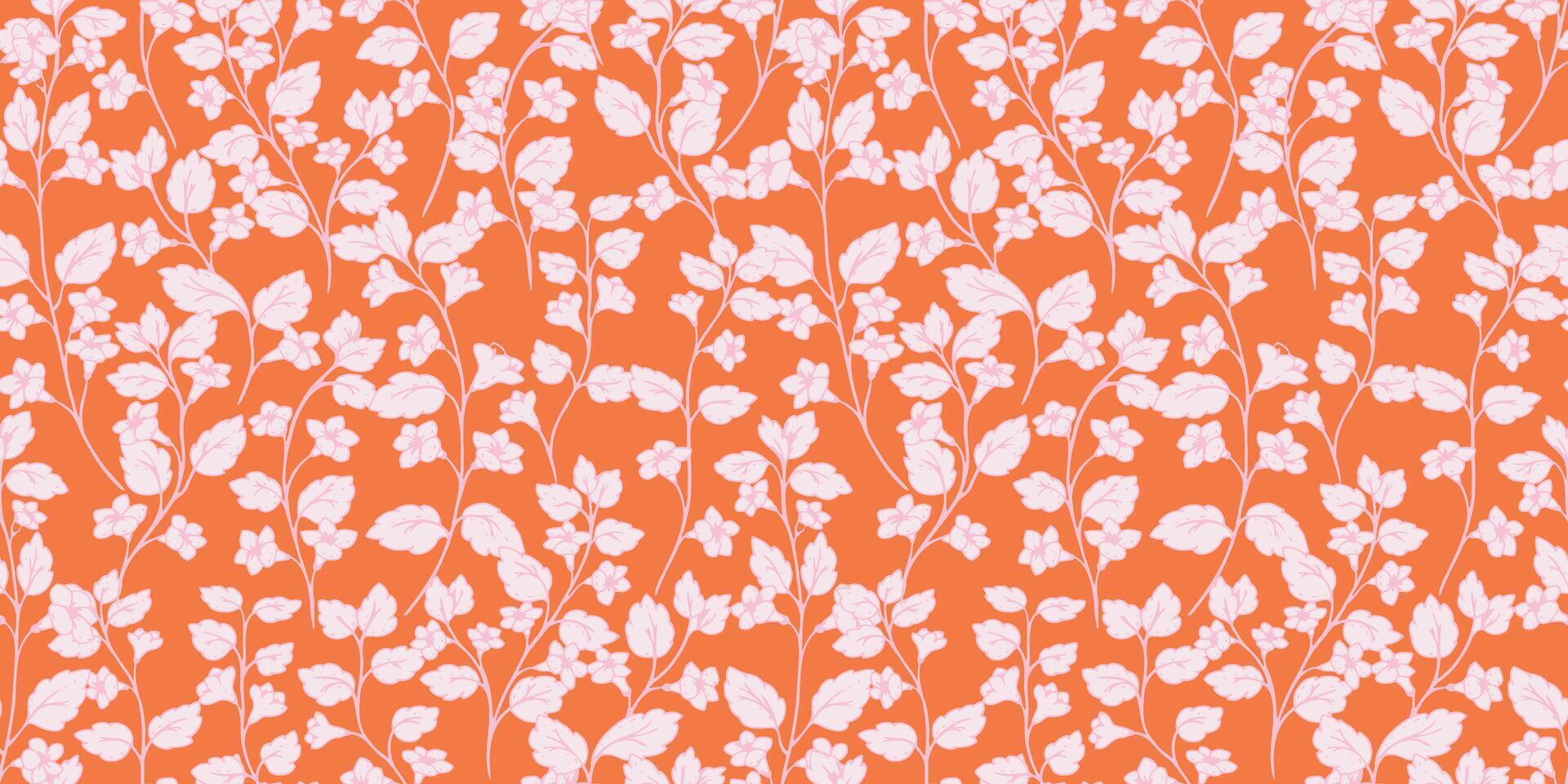 Seamless pattern featuring delicate forest flowers and leaves in orange tones. Hand drawn botanical elements create a vintage, elegant, and summer design, ideal for textiles and wallpapers vector
