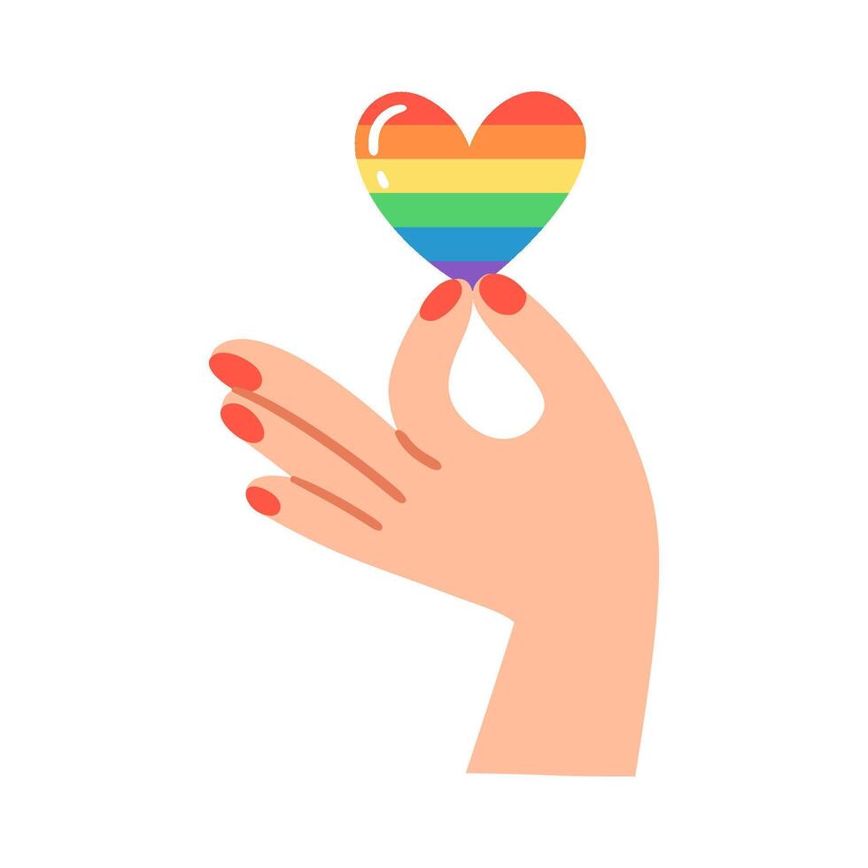 Hand with red nails holding a rainbow heart. Hand drawn illustration. vector