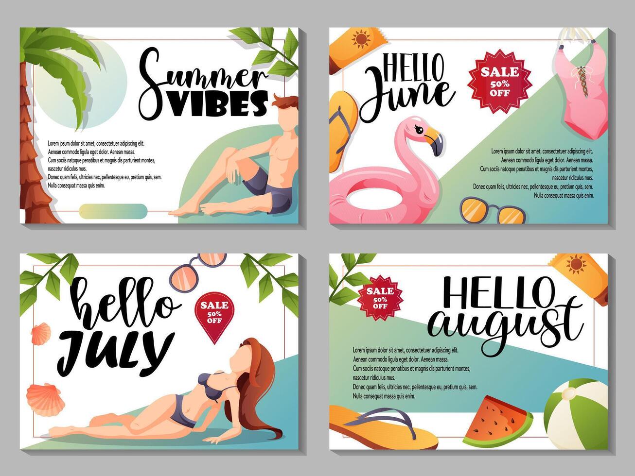 Set of summer banners with characters and month themes vector
