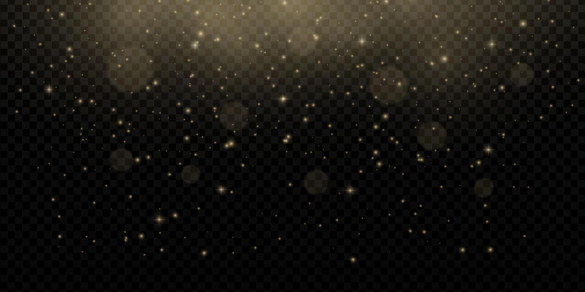 Golden light bokeh background with glitter, confetti and magical glow. Includes sparkles, flare, dust and festive shimmer. Perfect for holiday, party or New Year themes. isolated. vector