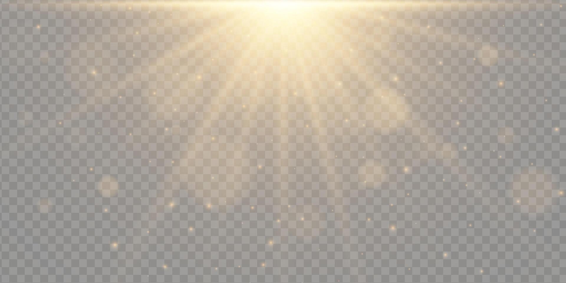 Golden light glow effect. Bright sun flare, sparkles and radial rays on background. Includes abstract glitter, bokeh, lens glare and sunshine burst. aura texture for design use. vector