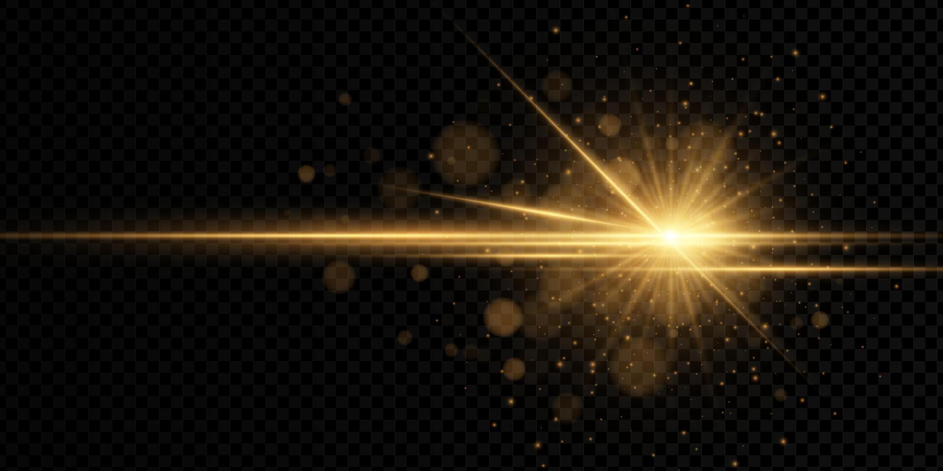 Glowing golden sunburst with radial rays, flare and sparkle. Bright abstract light effect with gradient beam and aura. element on background. Perfect for energy or sunlight themes. vector