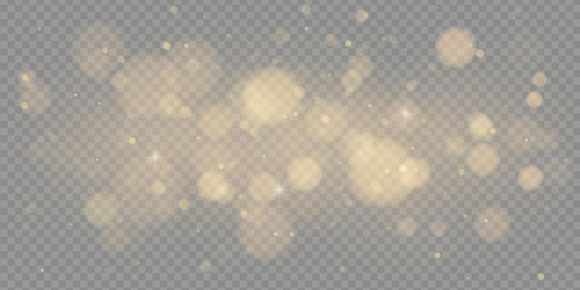 Golden light bokeh effect with glitter dust, sparkles and festive confetti. Abstract glowing texture on dark background. Includes flare, starburst, snow, spray and firework. for holidays. vector